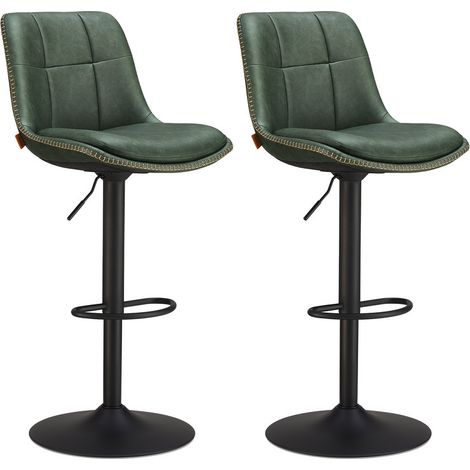Vasagle – Tabourets de bar pivotants – Lot de 2 – Hauteur réglable 65-85,5 cm – Matelassé en PU – Dossier et repose-pieds – Acier noir – Vert forêt