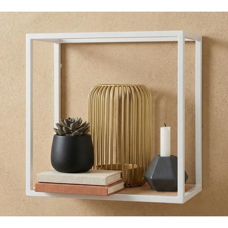 Étagère murale, en métal, blanche, avec bois de bambou, facile à suspendre, étagère murale, décorative, noire, 52 x 27 x 12 cm, blanche, 24 x 24 cm (1/5)