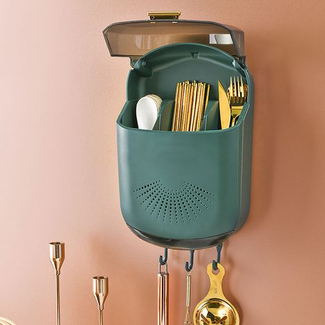 Porte-baguettes mural avec couvercle et conception anti-poussière, cage à baguettes de cuisine, support à baguettes, boîte de rangement pour égouttage de la vaisselle 8003 vert (1/5)