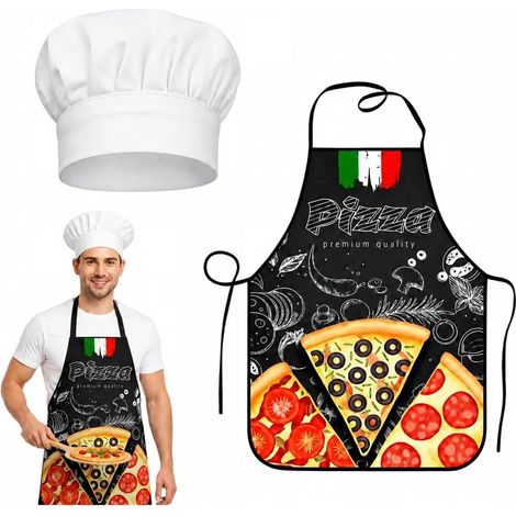 Tablier Humoristique Homme Tablier Pizzaiolo Homme Tablier Pizza Cuisine pour Chef Barbecue Cuisinier Tablier de Cuisine Long avec Chapeau de Chef Inclus, 60 X 80 Cm (1/5)