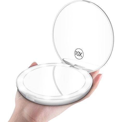 Miroir de maquillage portable de 3,5 pouces avec éclairage, grossissement 10x. (1/5)