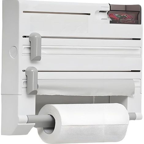 Organisateur de cuisine mural, multifonctionnel avec coupe-fil, Support de rangement et coupe-film pour papier sulfurisé, aluminium, film plastique et essuie-tout, OUYLAF (1/5)