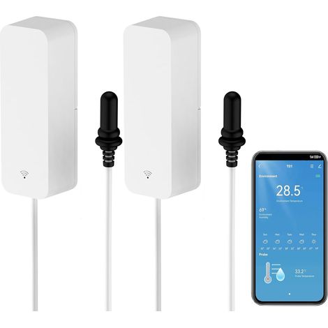 Smart Thermometer Hygrometer with Probe, WiFi Aquarium Temperature and Humidity Gauge with Remote Monitoring via App, Fridge Thermometer Sensor. 2PCS (1/5)