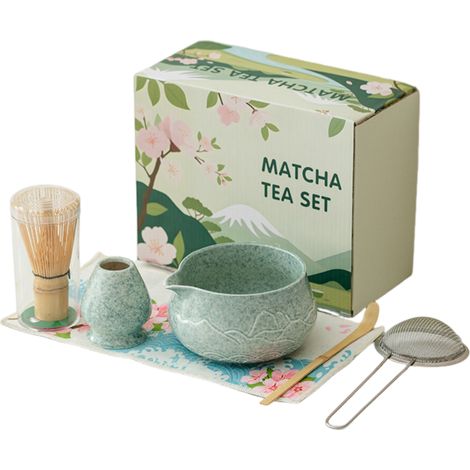 Service à matcha en céramique avec bol à matcha et bec verseur, décor de montagne au loin : ensemble de 6 pièces vert matcha (1/5)