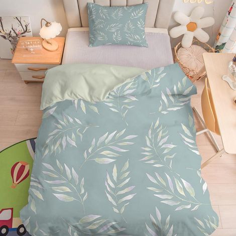 Ensemble de literie pour enfants 100x135 cm, microfibre, motif feuille botanique, 2 pièces, avec fermeture éclair