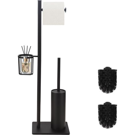 Ensemble Brosse Toilettes WC avec Support Papier Toilette sur Pied et Panier de Rangement, Brosse WC en Acier Inoxydable 3 en 1, Design Minimaliste et Gain de Place (Noire) (1/5)