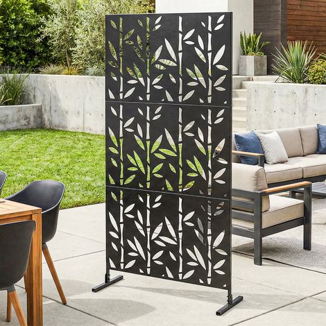 Claustra décoratif jardin 3 panneaux bambou métal noir 92x40x192cm, brise-vue extérieur design pour terrasse, séparation occultante en acier, écran d'intimité résistant aux intempéries. (1/5)