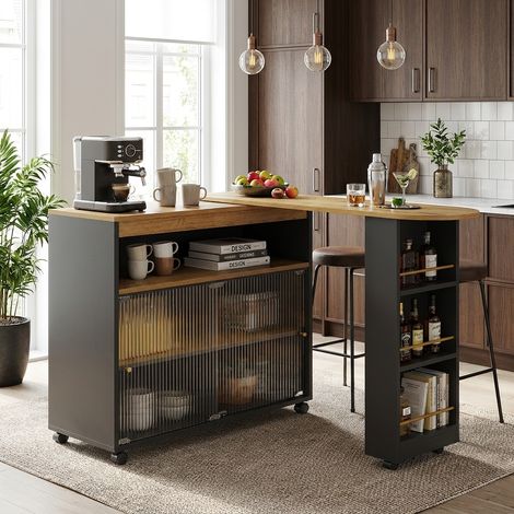 URBAN MEUBLE Table de bar pivotante, Noire, mobile, avec éclairage LED, sur roulettes, 138–204x39x105cm (1/5)