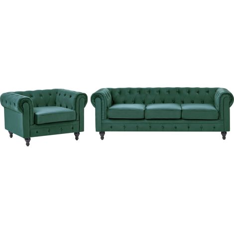 Living Room Set 4 Seater CHESTERFIELD Velvet Emerald Green