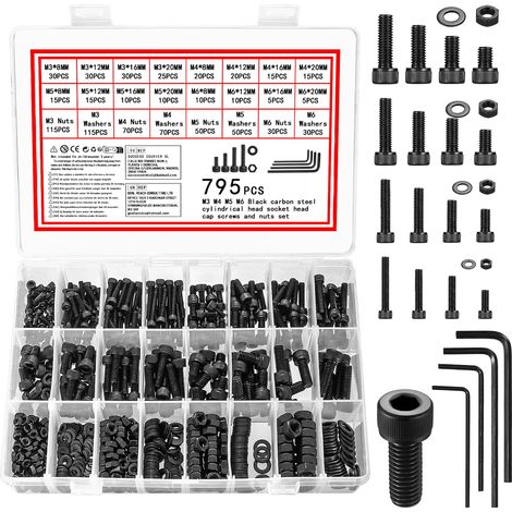 795 Pcs Vis et écrous, M3 M4 M5 M6 Visserie Boulons et écrous, Vis et Boulon et Rondelles Set, Vis à Tête Hexagonale, Assortiment Kit di Boulons Vis à Six Pans Creux pour Réparation, Noirs (1/5)