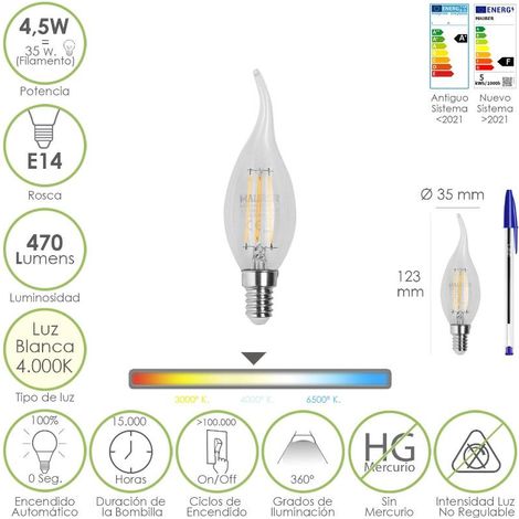 Bombilla Led Filamento Vela Llama E14. 4,5 Watt. Equivale A 35 Watt. 470 Lumenes. Luz Neutra 4000º K.