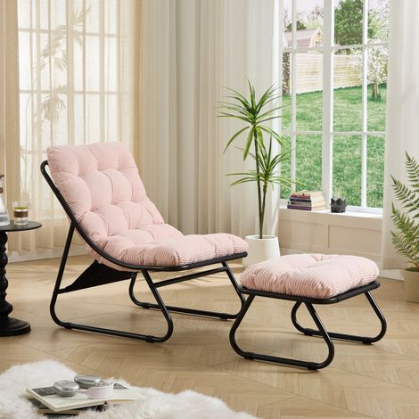Fauteuil de jardin inclinable avec repose-pieds, coussin moelleux et pouf assorti, cadre noir, idéal pour salon, chambre ou coin lecture. (1/5)