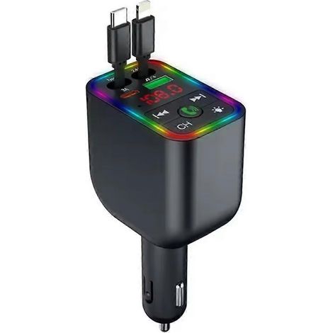 Kit mains libres Bluetooth L3 avec LED, lecteur MP3, émetteur FM, récepteur audio, chargeur rapide allume-cigare et 2 ports USB Type-C rétractables. (1/5)