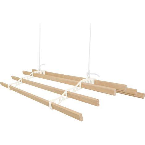 Étendoir de plafond avec système de poulies couleur IVOIRE et 6 lattes en bois de 1,8 m  Capacité de charge de 30 kg  Kit de fixation GRATUIT  Étendoir suspendu pour sécher le linge