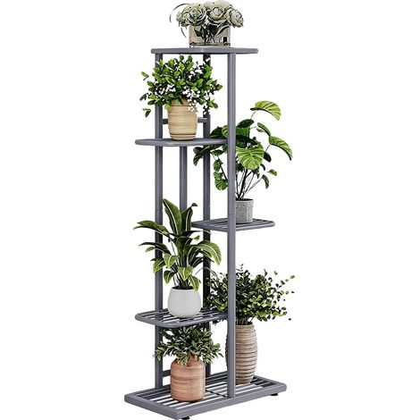Soporte para plantas, estante metálico resistente de 5 niveles, expositor que ahorra espacio, gris plateado. (1/2)