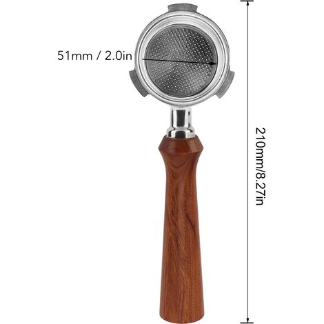 Ortviai Portafiltre café sans fond 51 mm en acier inoxydable 3 oreilles pour machine Delonghi DEDICA ARTE, poignée en bois rouge (1/4)