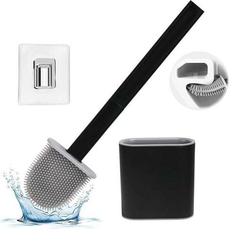 Silikon-WC-Bürste mit Halterung für die gründliche Reinigung, zur Boden- oder Wandmontage, Schwarz (1/4)