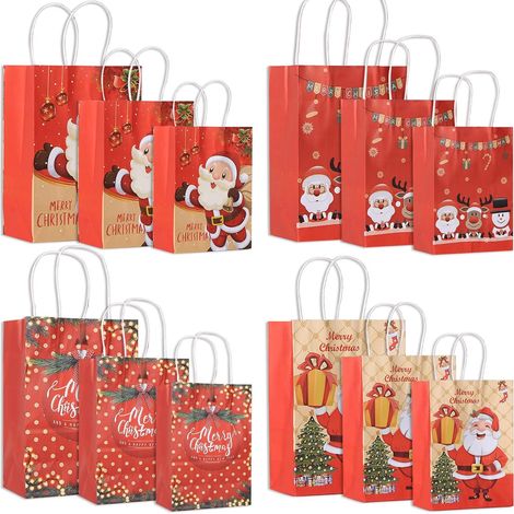Weihnachtsgeschenktüten, 12 Stück Weihnachts-Kraftpapiertüten mit Griff, langlebige Geburtstags-Süßigkeitstüten, große, mittlere und kleine Geschenktüten für Weihnachten, Teeparty, Hochzeit und Party