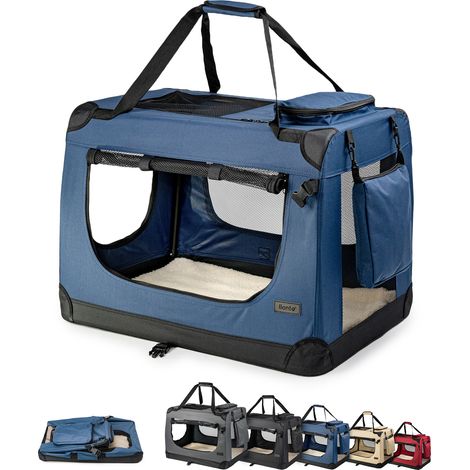 lionto Stoff-Katzentransportbox faltbar, belüftete Transportbox mit Reißverschluss-Zugängen & weichem Innenkissen, 50x34x36 cm, dunkelblau