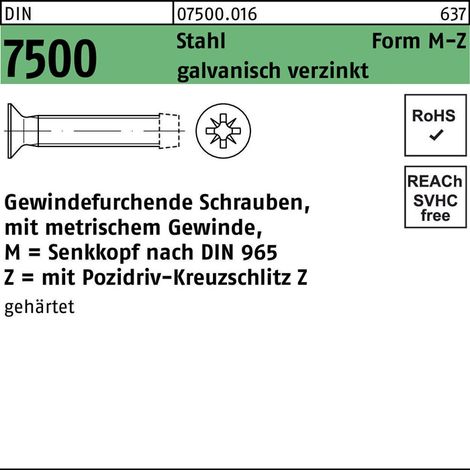 DIN 7500 Form M Gewindefurchende Senkkopfschraube VG M8x10 Stahl galvanisch verzinkt PZ 500 Stk (1/2)