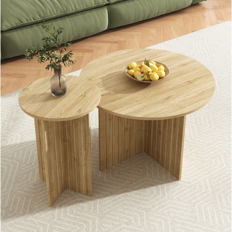 Table basse gigogne 76x76x50 cm naturelle en MDF et panneau de particules avec design rond et gain de place (1/5)