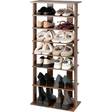 Étagère à chaussures en bois réglable en hauteur, 8 compartiments, rangement vertical pour chaussures, gain de place, double conception, étagère d'angle autoportante style industriel (1/5)