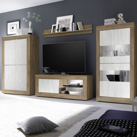 Ensemble Salon aspect bois finition Mercure façades blanc texturées avec Leds - OTELLO (1/5)