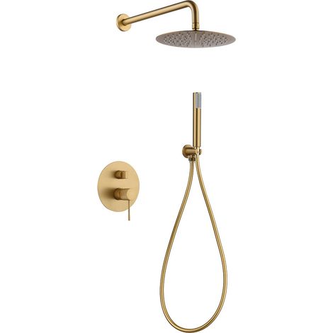 Imex – Colonne de douche hydromassante encastrée – Mitigeur standard – Pomme de douche ronde – Finition or brossé – Acier et laiton