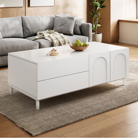 Tavolo da caffè in MDF e pannelli truciolari, 100 x 50 x 39,5 cm, bianco, con 2 cassetti e 2 ante (1/5)