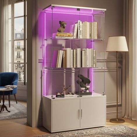 Vitrine en verre - avec rangement à double porte, verre de sécurité trempé, bande lumineuse LED réglable, poignées en alliage d'aluminium - blanc (1/5)
