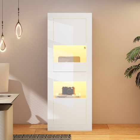 Vitrine blanche brillante LED 61x42x162cm, armoire haute en verre avec 1 étagère, meuble rangement (1/5)