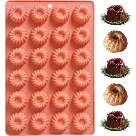 Mini Gugelhupf Moule en silicone à 24 cavités pour gâteaux et desserts, rose corail (1/5)