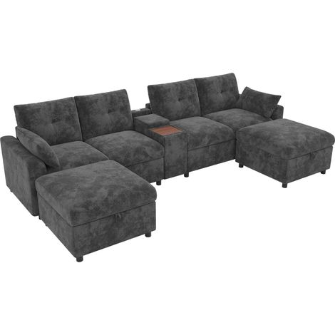 Canapé d’angle modulable XXL 6 places 316x140x84,5 cm avec 2 poufs coffre et chargeurs USB-C intégrés, tissu chenille, Gris (1/5)