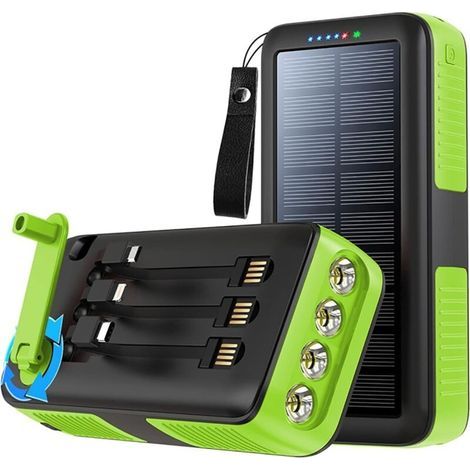 Compact Solar Power Bank with Integrated Hand Crank Cable, Waterproof Emergency Power Bank with LED Flashlight, Multifunctional External Battery, 1pc, Green, 10000mA (1/5)