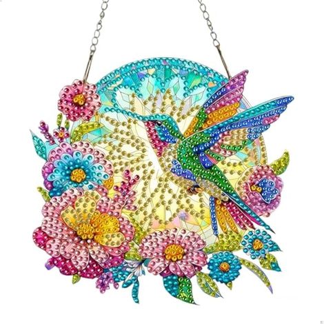 Carillon décoratif en peinture diamant 5D avec chaînette, motifs d'oiseaux et de fleurs, idéal pour les entrées, les murs et les fenêtres. (1/5)