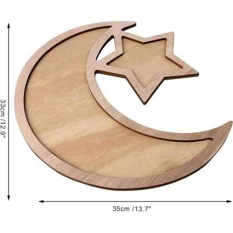 Plateau De Service - Bois Naturel - Pour Ramadan Et Aïd Mubarak - Assiette En Forme De Lune - 1 Pièce (1/5)