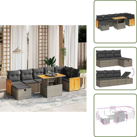 Salon de jardin 8 pcs avec coussins gris résine tressée - Ensemble Salon De Jardin - Mobilier Extérieur - Résine Tressée - Rotin Synthétique - Table Extensible (1/5)