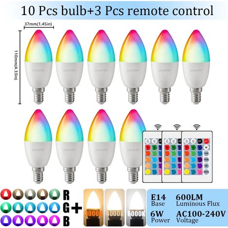 Lampes de croissance pour plantes Ampoule LED E14 (RGB 4000K, lot de 10, AC 100-240V) avec télécommande 24 touches, intensité variable, 6W et changement de couleurs, idéale pour chambre ou salon. (1/5)