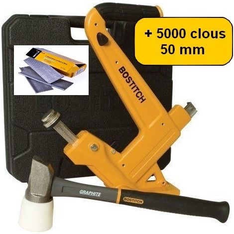 Bostitch – Cloueur à parquet manuel – 5000 pointes clous 50mm – Mode cliquet pour clouage précis – Pare-chocs en caoutchouc pour protection (1/3)