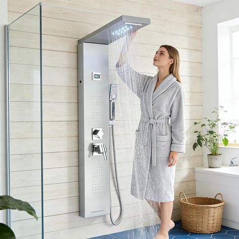 Système de colonne de douche hydromassante avec éclairage LED - 5 modes, 4 jets de massage, bec baignoire et pommeau de douche à main, finition acier inoxydable brossé. (1/5)