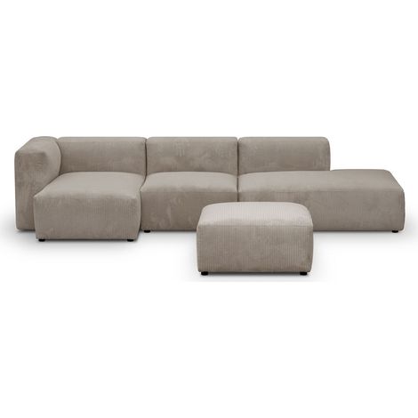 Canapé d'angle à gauche modulable avec méridienne 5 places en velours côtelé taupe + pouf - Modulo (1/3)