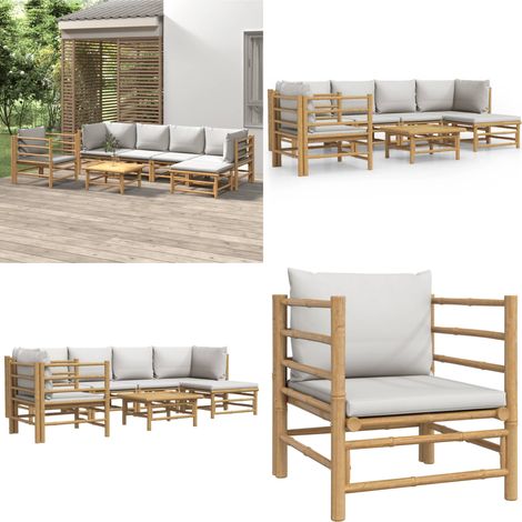 7-tlg. Garten-Lounge-Set mit Hellgrauen Kissen Bambus - Bambus Möbel - Gartenloungeset - Outdoor Möbel - Gartenmöbel - Esstisch - Home & Living (1/5)