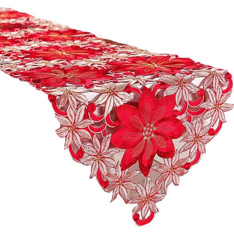 Chemin de table luxueux à motif de houx et de poinsettias, idéal pour les décorations de Noël, les mariages et les fêtes. Antidérapant, isolant et résistant. Cadeau idéal. 38 x 148 cm. (1/5)