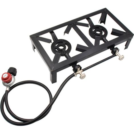 Irovami Réchaud à gaz propane d'extérieur à double brûleur en fonte pour terrasse, camping et barbecue (norme américaine)