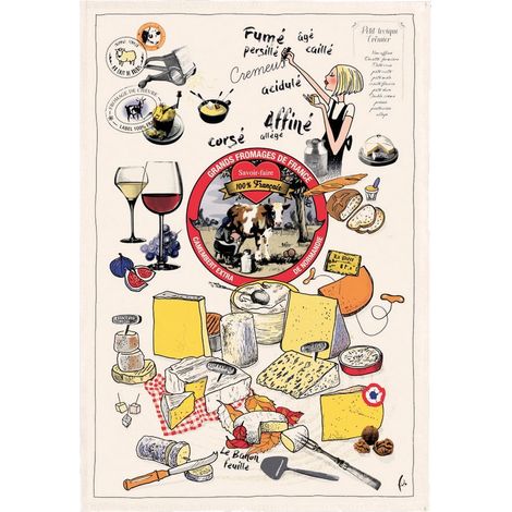 Torchon de Cuisine Imprimé Les Grands Fromages en Coton Absorbant Écru 48 x 72 cm - PANGIVO