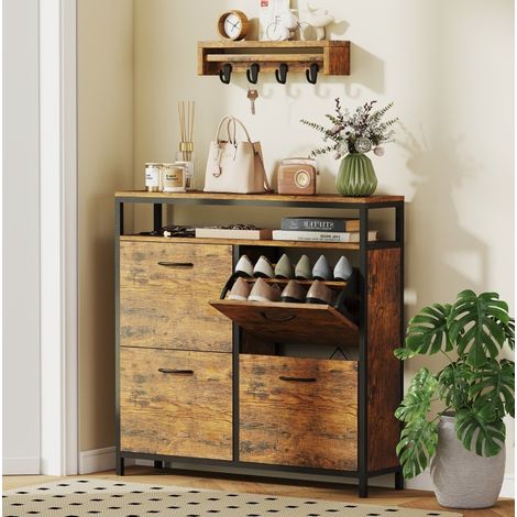 Zapatero 98x24x95 cm marrón rústico de madera con 4 cajones abatibles y estante abierto (1/5)
