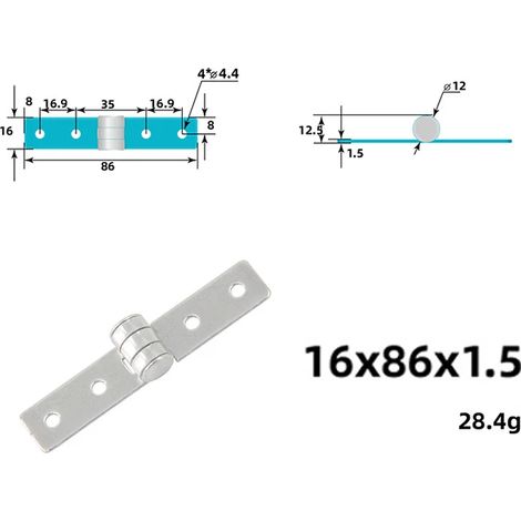 Charnière (16 x 86 x 1,5) en acier inoxydable 304, renforcée, pour équipements mécaniques, robuste et industrielle, à plaque rabattable. (1/5)