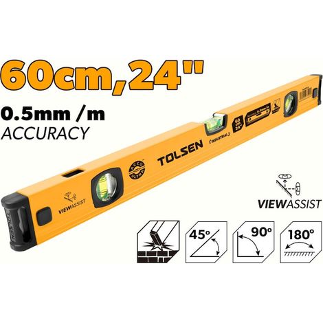 Niveau industriel 60 cm avec 3 fioles 90°/180°/45°, double vue, cadre en aluminium thermolaqué, fond fraisé, précision 0,5 mm/m, têtes anti-choc - Outil professionnel de haute qualité pour la construc (1/5)