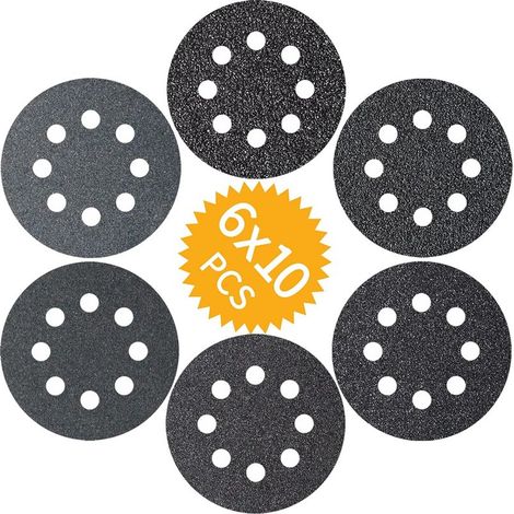 QAZQA Disques de ponçage 60PCS 125mm en Carbure de Silicium Disques Abrasifs 60 100 150 180 240 320 grains 8 trous pour Ponceuses (1/5)