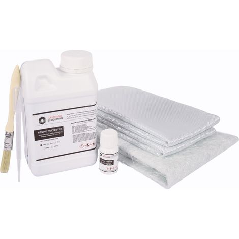 Kit de résine polyester 1 kg avec catalyseur 30 g, mat de verre 1 m² 300 g/m² et roving 300 g/m² pour réparation et stratification (1/5)